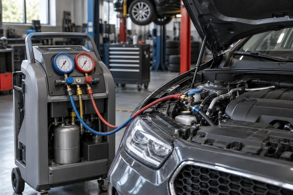 Automotive air-conditioning service equipment beside an engine bay
