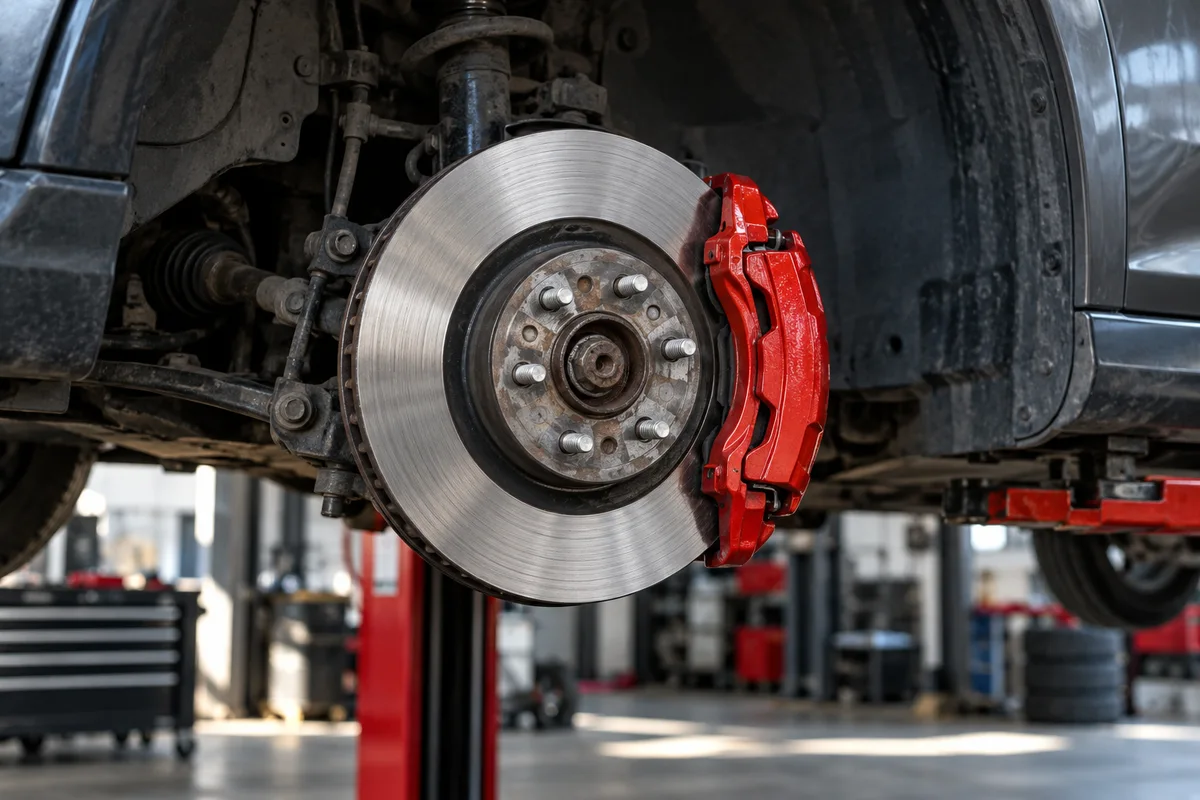 Disc brake rotor and caliper with the wheel removed