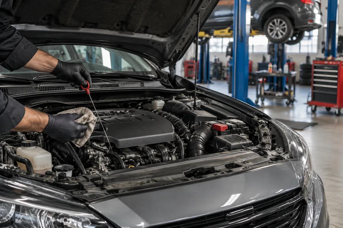 Passenger car with an open hood during a workshop inspection
