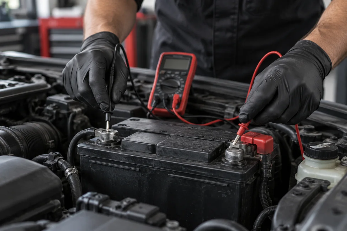 Vehicle battery being checked with a digital multimeter