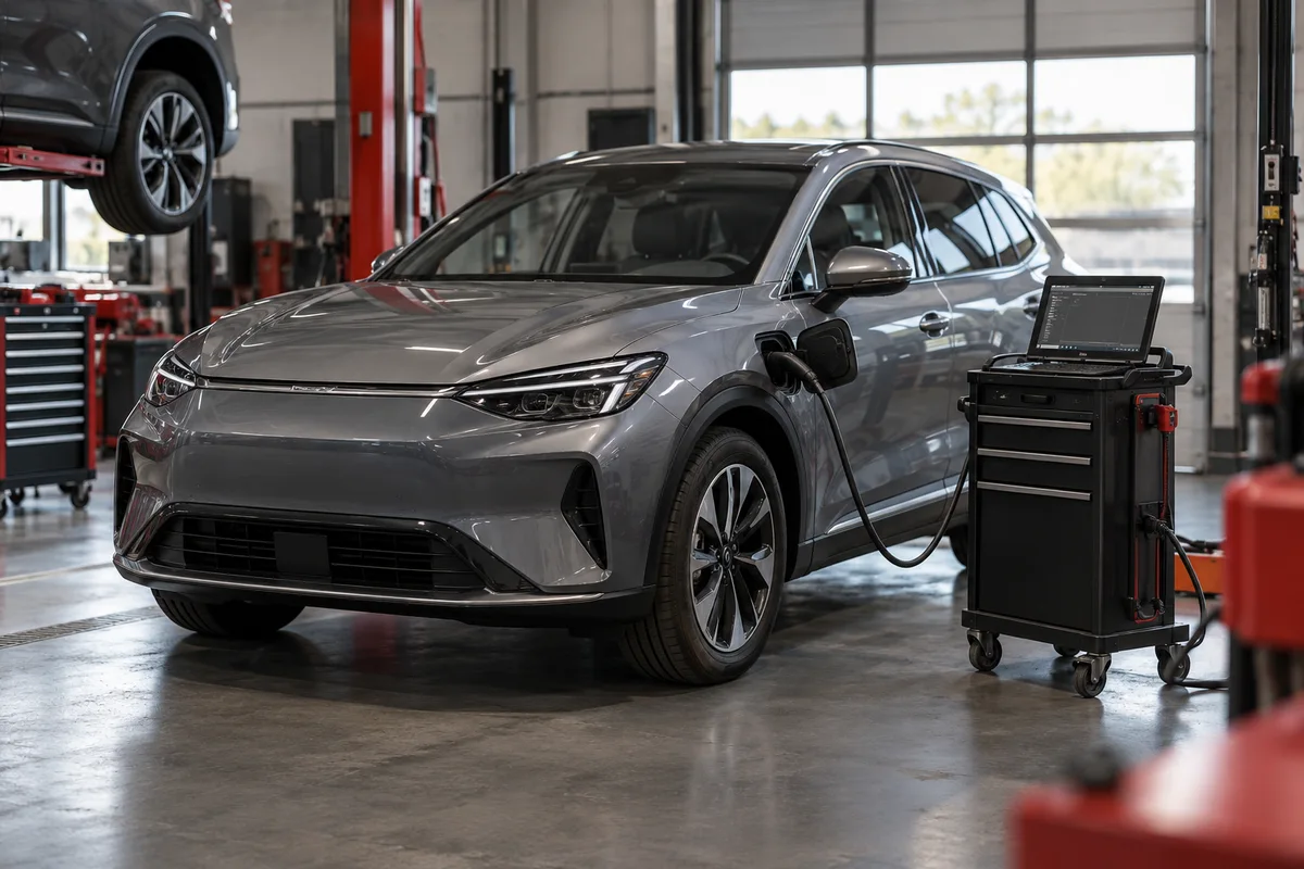 Electric vehicle beside diagnostic equipment in a workshop
