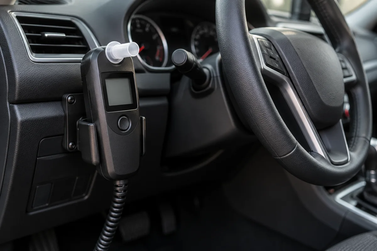 Generic ignition-interlock breathalyzer mounted inside a parked car