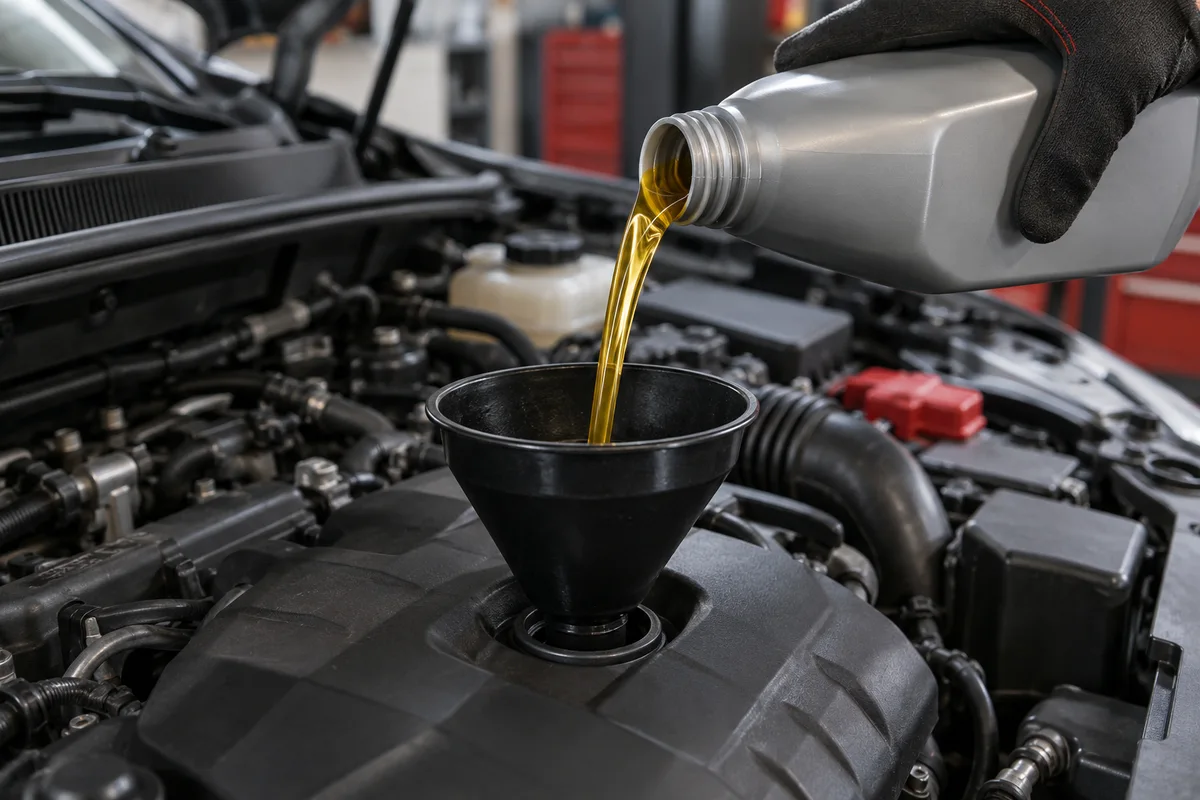 Fresh motor oil poured into an engine through a funnel