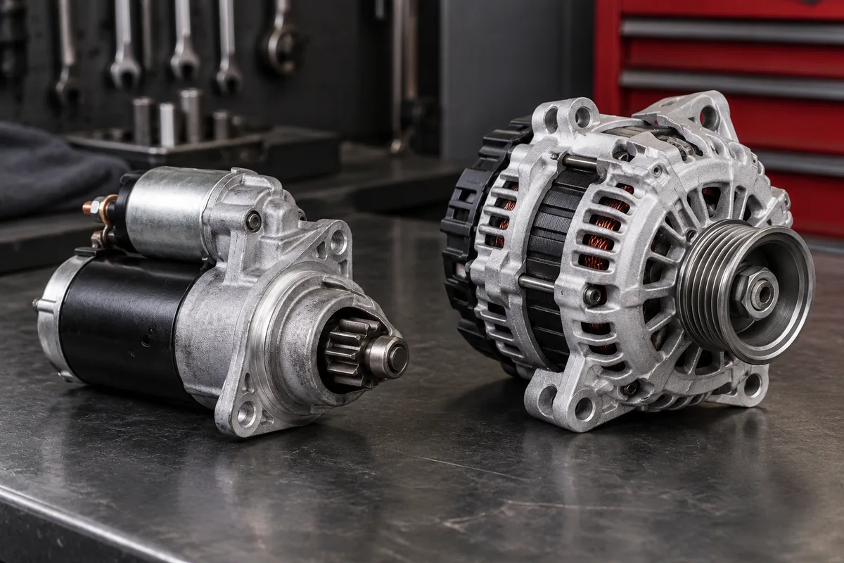 Automotive starter motor and alternator side by side on a workbench