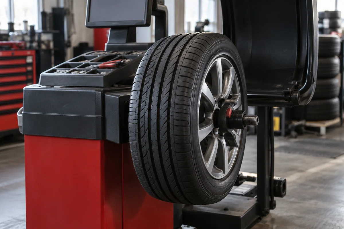 Passenger car tire and wheel on a tire balancing machine