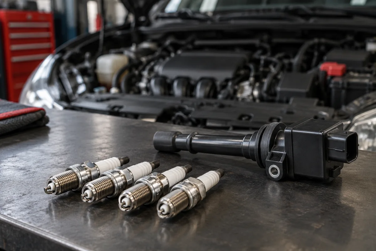 Automotive spark plugs and ignition coil on a workbench